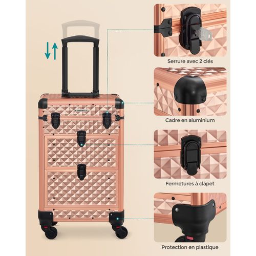 Valise De Maquillage Professionnel, Avec 2 Tiroirs, 34 X 24 X 56 Cm, Roulette Pivotante à 360°, Doré