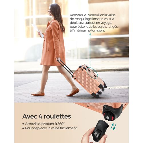 Valise De Maquillage Professionnel, Avec 2 Tiroirs, 34 X 24 X 56 Cm, Roulette Pivotante à 360°, Doré
