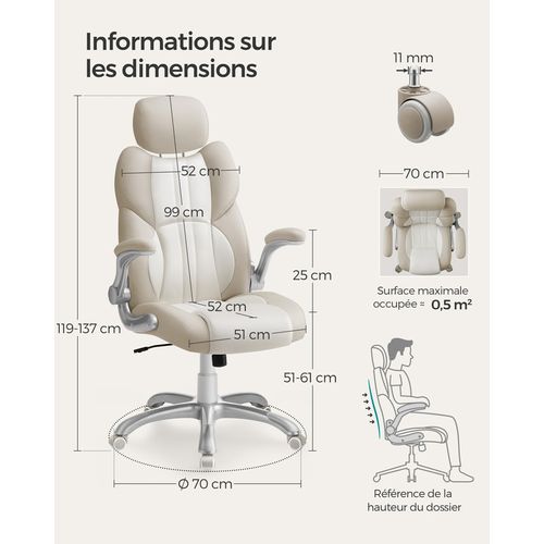 Chaise de Bureau, Fauteuil Gamer Ergonomique, Mécanisme à Bascule, Roulettes Pivotantes, Blanc Crème
