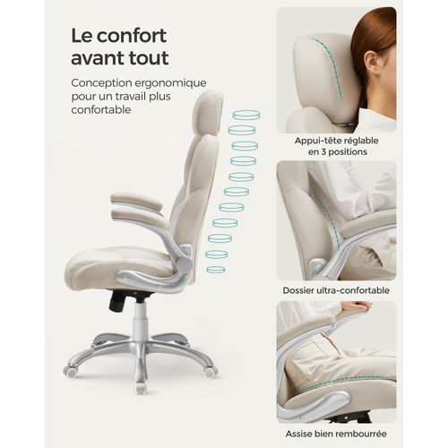 Chaise de Bureau, Fauteuil Gamer Ergonomique, Mécanisme à Bascule, Roulettes Pivotantes, Blanc Crème