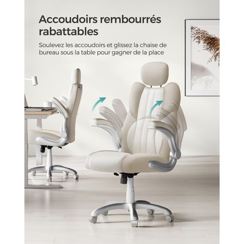 Chaise de Bureau, Fauteuil Gamer Ergonomique, Mécanisme à Bascule, Roulettes Pivotantes, Blanc Crème