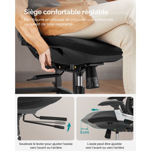 Chaise De Bureau,  Dossier Inclinable, Assise Réglable Avant Ou Arrière, Noir D’encre