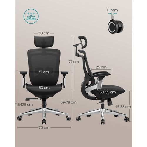 Chaise De Bureau,  Dossier Inclinable, Assise Réglable Avant Ou Arrière, Noir D’encre