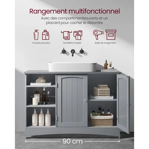 Meuble Sous Lavabo, Long, 30 X 90 X 60 Cm, 2 Portes, étagères Réglables, Gris Tourterelle