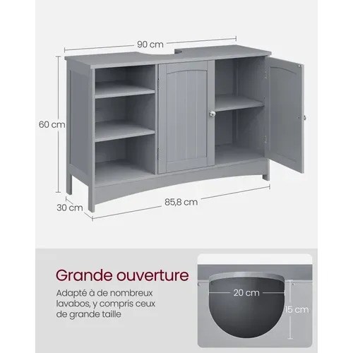 Meuble Sous Lavabo, Long, 30 X 90 X 60 Cm, 2 Portes, étagères Réglables, Gris Tourterelle