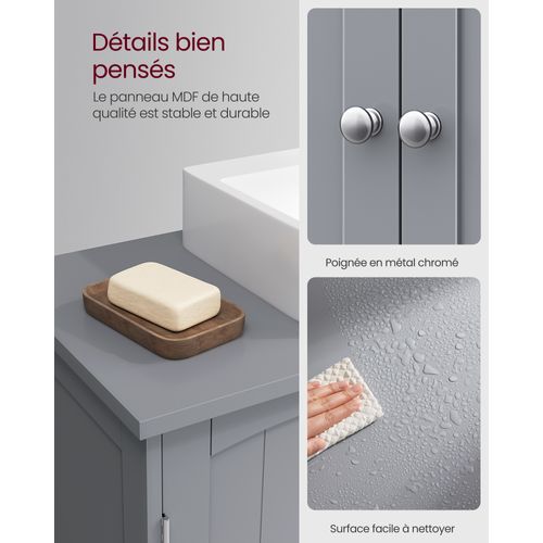 Meuble Sous Lavabo, Long, 30 X 90 X 60 Cm, 2 Portes, étagères Réglables, Gris Tourterelle