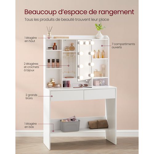 Coiffeuse Avec 9 Lumières LED, 3 Tonalités Et Luminosité Réglable, Étagères Réglables, Blanc Nuage