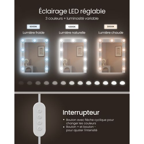 Coiffeuse Avec 9 Lumières LED, 3 Tonalités Et Luminosité Réglable, Étagères Réglables, Blanc Nuage