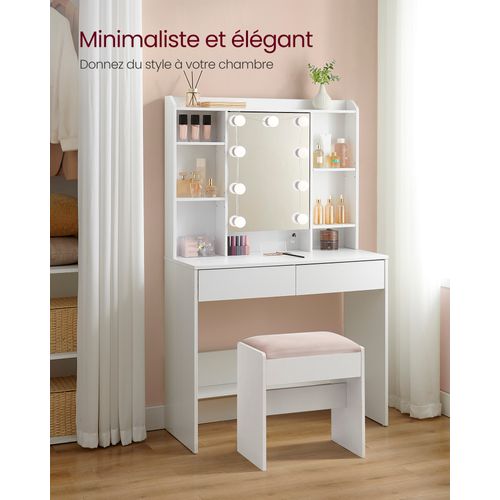 Coiffeuse Avec 9 Lumières LED, 3 Tonalités Et Luminosité Réglable, Étagères Réglables, Blanc Nuage