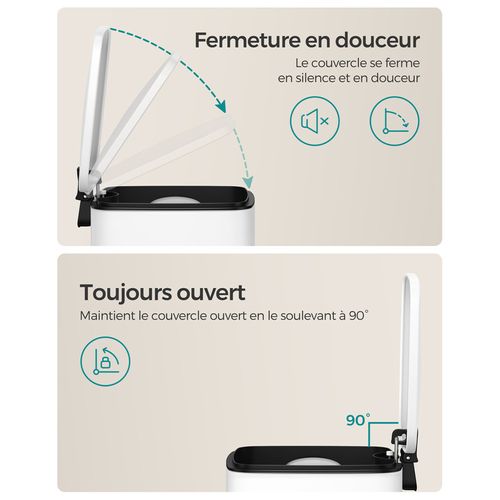 Corbeille à Déchets à Pédale Avec Couvercle, 8l, Fermeture En Douceur, En Acier, Blanc