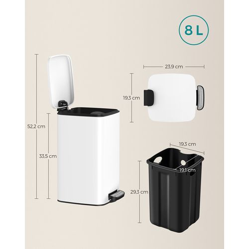 Corbeille à Déchets à Pédale Avec Couvercle, 8l, Fermeture En Douceur, En Acier, Blanc