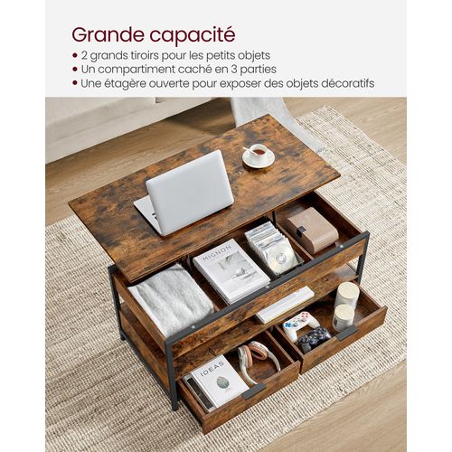 Table De Salon Avec Plateau Relevable, Tiroirs De Rangement, Marron Rustique Et Noir D’encre