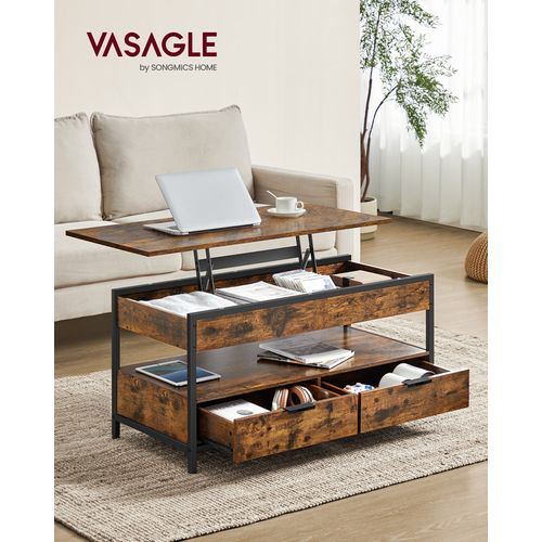 Table De Salon Avec Plateau Relevable, Tiroirs De Rangement, Marron Rustique Et Noir D’encre