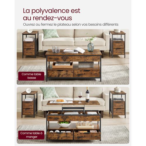 Table De Salon Avec Plateau Relevable, Tiroirs De Rangement, Marron Rustique Et Noir D’encre