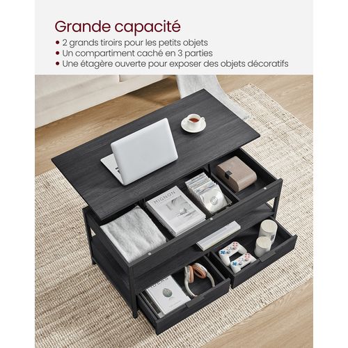 Table De Salon Avec Plateau Relevable, Tiroirs De Rangement, Gris Anthracite Et Noir D’encre