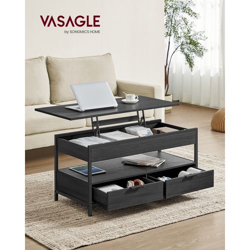 Table De Salon Avec Plateau Relevable, Tiroirs De Rangement, Gris Anthracite Et Noir D’encre