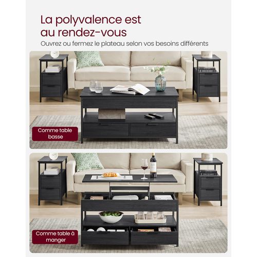 Table De Salon Avec Plateau Relevable, Tiroirs De Rangement, Gris Anthracite Et Noir D’encre