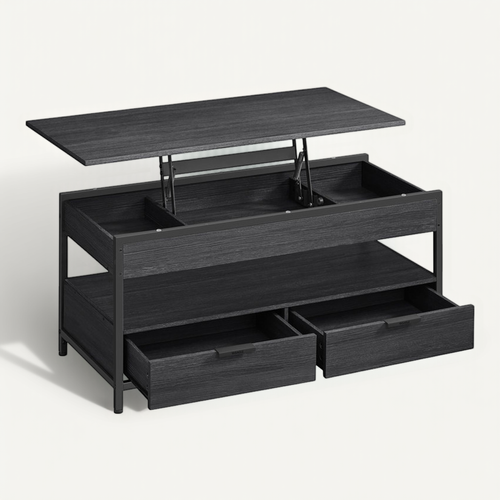 Table De Salon Avec Plateau Relevable, Tiroirs De Rangement, Gris Anthracite Et Noir D’encre