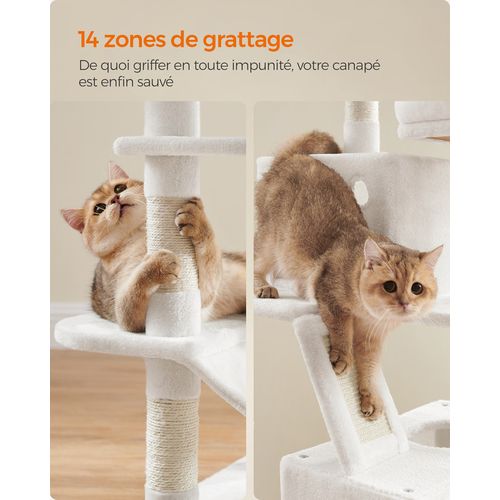 Arbre à Chat, Hauteur 168 Cm, Avec 13 Griffoirs, 2 Plate-forme, 2 Niches, Panier, Hamac,blanc Crème