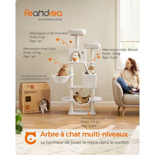 Arbre à Chat, Hauteur 168 Cm, Avec 13 Griffoirs, 2 Plate-forme, 2 Niches, Panier, Hamac,blanc Crème