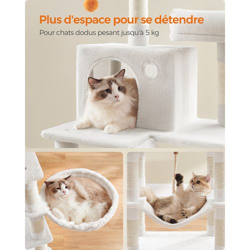 Arbre à Chat, Hauteur 168 Cm, Avec 13 Griffoirs, 2 Plate-forme, 2 Niches, Panier, Hamac,blanc Crème
