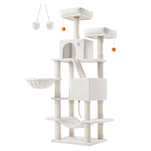 Arbre à Chat, Hauteur 168 Cm, Avec 13 Griffoirs, 2 Plate-forme, 2 Niches, Panier, Hamac,blanc Crème