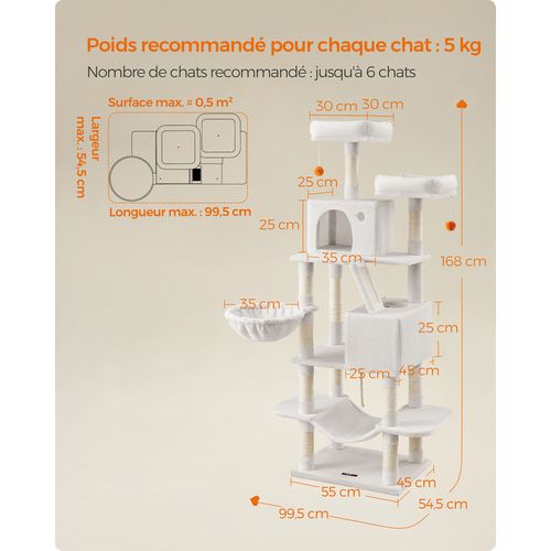 Arbre à Chat, Hauteur 168 Cm, Avec 13 Griffoirs, 2 Plate-forme, 2 Niches, Panier, Hamac,blanc Crème