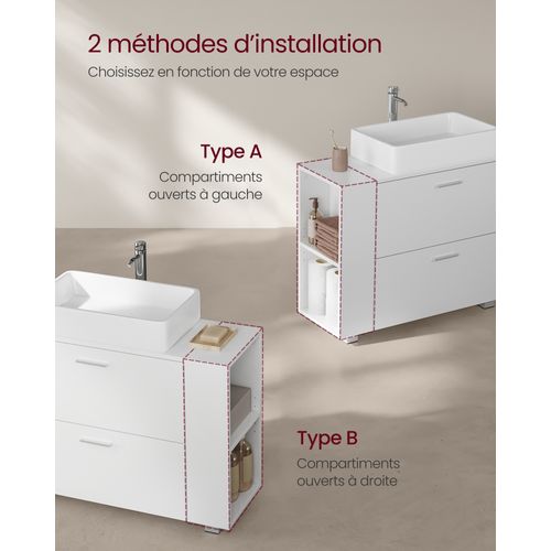 Meuble Sous Lavabo Avec 2 Grands Tiroirs, Rangement Ouvert Latéral Réversible, Blanc Nuage