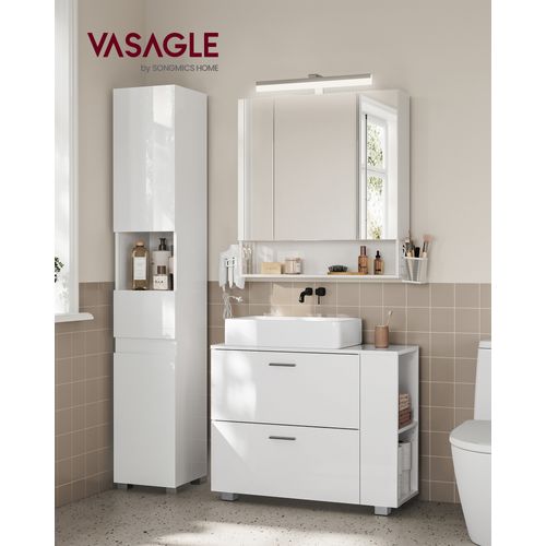 Meuble Sous Lavabo Avec 2 Grands Tiroirs, Rangement Ouvert Latéral Réversible, Blanc Nuage