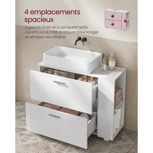 Meuble Sous Lavabo Avec 2 Grands Tiroirs, Rangement Ouvert Latéral Réversible, Blanc Nuage