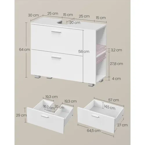 Meuble Sous Lavabo Avec 2 Grands Tiroirs, Rangement Ouvert Latéral Réversible, Blanc Nuage