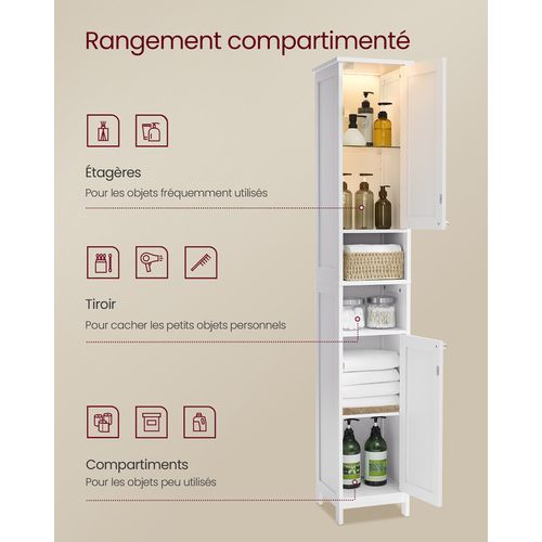 Armoire De Salle De Bain Haute Avec Éclairage, Avec Étagères Réglables, Blanc Nuage