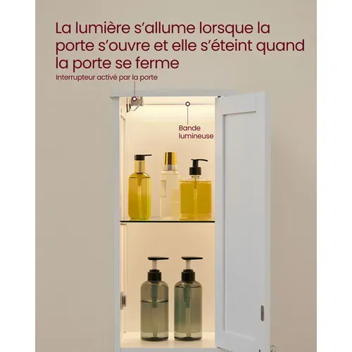 Armoire De Salle De Bain Haute Avec Éclairage, Avec Étagères Réglables, Blanc Nuage