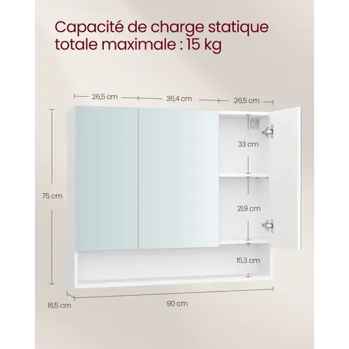 Armoire De Salle De Bain Avec Portes Miroir, Étagères Réglables, 16,5 X 90 X 75 Cm, Blanc Nuage