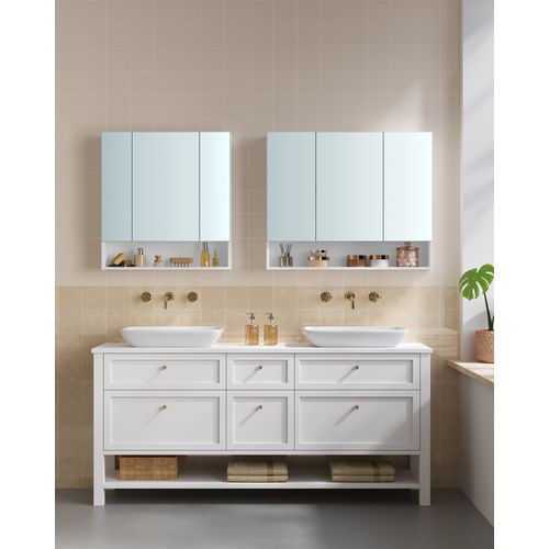 Armoire De Salle De Bain Avec Portes Miroir, Étagères Réglables, 16,5 X 90 X 75 Cm, Blanc Nuage