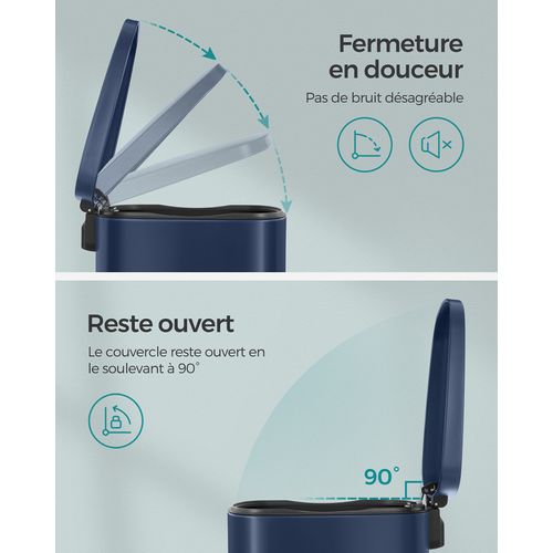Poubelle Cuisine 50l, Fermeture En Douceur, Avec Pédale, En Acier, Seau Intérieur, Bleu