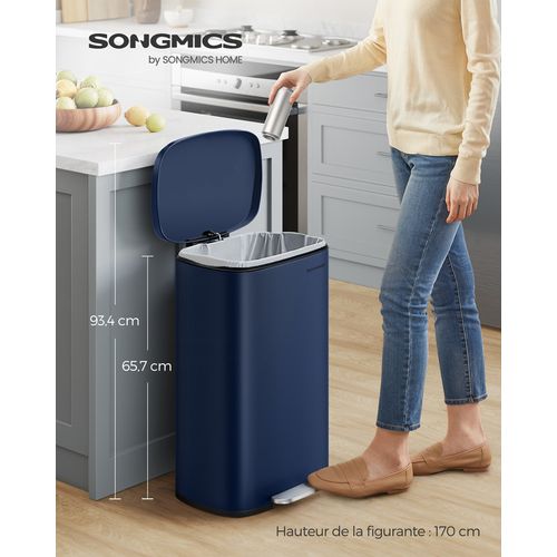Poubelle Cuisine 50l, Fermeture En Douceur, Avec Pédale, En Acier, Seau Intérieur, Bleu