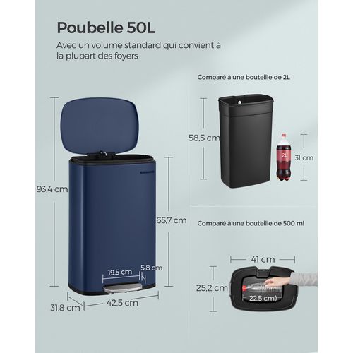 Poubelle Cuisine 50l, Fermeture En Douceur, Avec Pédale, En Acier, Seau Intérieur, Bleu