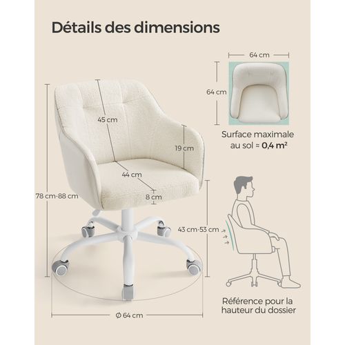 Chaise De Bureau, Siège Pivotant, Réglable En Hauteur, Tissu Peluche Respirant Et Pu, Beige