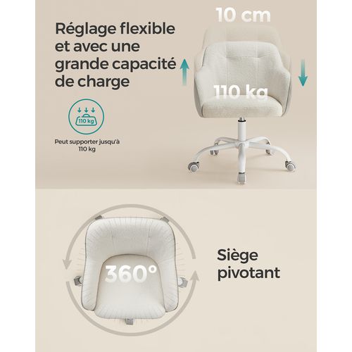 Chaise De Bureau, Siège Pivotant, Réglable En Hauteur, Tissu Peluche Respirant Et Pu, Beige