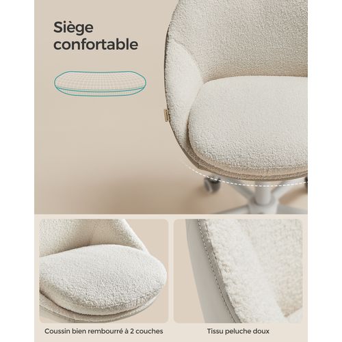 Fauteuil Pivotant En Peluche Et Pu, Rembourrage En Mousse, Réglable En Hauteur, Beigeet Blanc