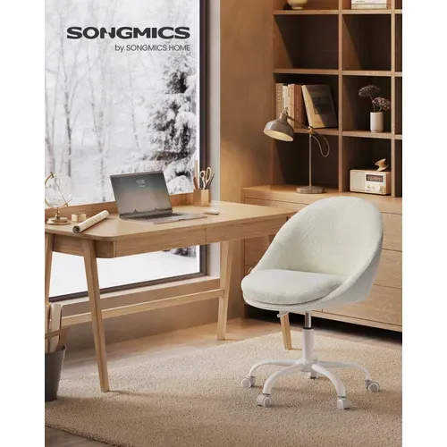 Fauteuil Pivotant En Peluche Et Pu, Rembourrage En Mousse, Réglable En Hauteur, Beigeet Blanc