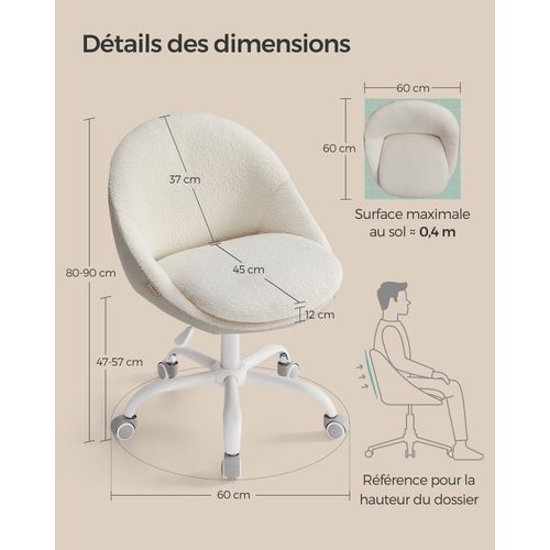 Fauteuil Pivotant En Peluche Et Pu, Rembourrage En Mousse, Réglable En Hauteur, Beigeet Blanc