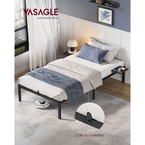 Lit 90 X 190 Cm, Cadre De Lit En Métal Avec étagères De Rangement, Noir