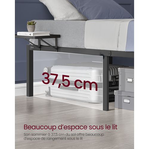 Lit 90 X 190 Cm, Cadre De Lit En Métal Avec étagères De Rangement, Noir