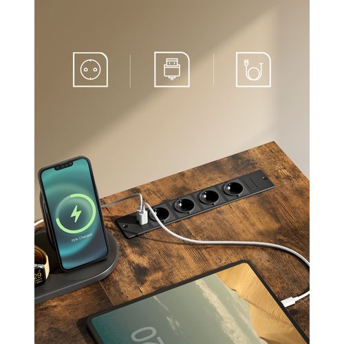 Bureau En L LED Avec Multiprise, Avec Rehausseur D’écran, 150x120x76 Cm, Marron