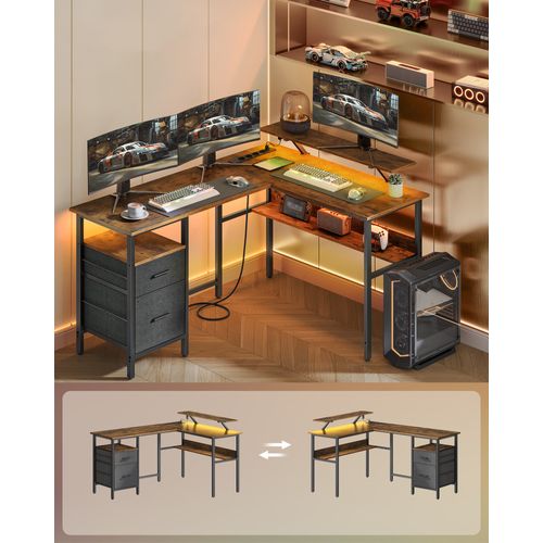 Bureau En L LED Avec Multiprise, Avec Rehausseur D’écran, 150x120x76 Cm, Marron