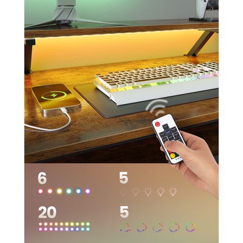 Bureau En L LED Avec Multiprise, Avec Rehausseur D’écran, 150x120x76 Cm, Marron