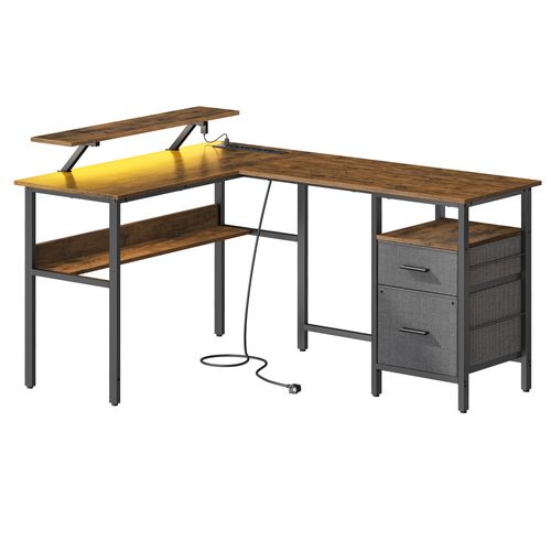 Bureau En L LED Avec Multiprise, Avec Rehausseur D’écran, 150x120x76 Cm, Marron