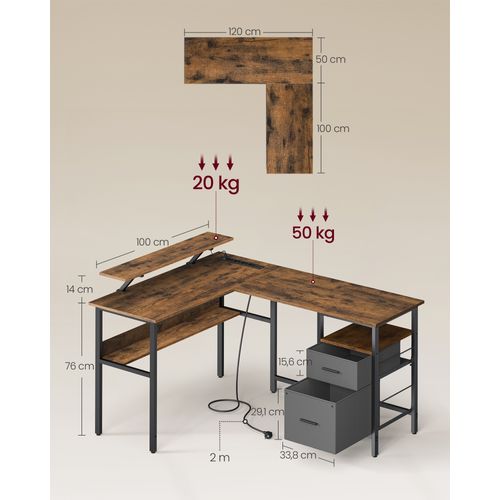 Bureau En L LED Avec Multiprise, Avec Rehausseur D’écran, 150x120x76 Cm, Marron